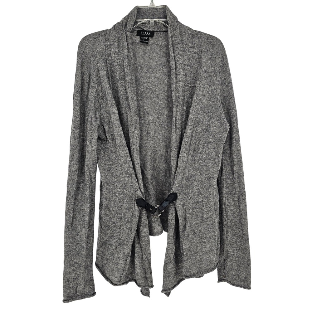 100% CASHMERE Belted Cardigan Sweater L Gray Asymmetrical Quiet Luxury Lagenlook